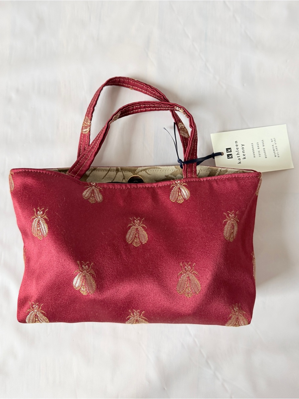 Kathleen Kenny Bee Brocade Mini Tote Bag Satin Burgundy Gold Vintage Handbag New